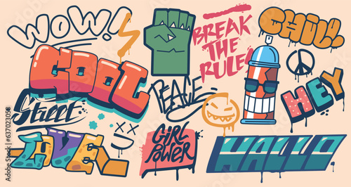 Street Art Lettering Set. Wow, Cool, Break the Rules. Chill, Hey, Hallo and Girl Power. Love and Peace Hand Drawn Text