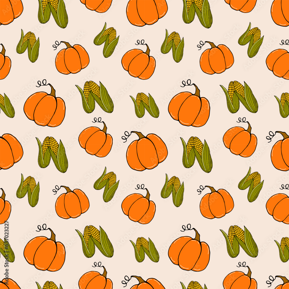 seamless pattern colored doodle vegetables pumpkins and corn on light - autumn background, vector illustration. For packaging, textiles, wallpapers, web design