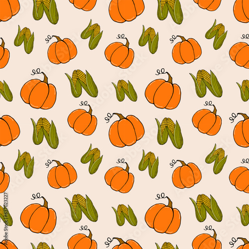 seamless pattern colored doodle vegetables pumpkins and corn on light - autumn background  vector illustration. For packaging  textiles  wallpapers  web design