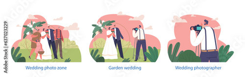 Isolated Elements With Family Characters During Wedding Shoot Capturing Candid Moments, Vector Illustration