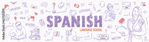 Horizontal Internet banner learning Spanish: language teacher with student book. Blue outline icons, symbols white background. Line art illustration for language school, courses, panoramic view