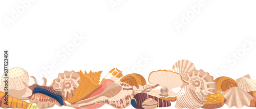 Seamless Pattern With Delicate Seashells In Varying Sizes And Colors, Horizontal Border or Frame, Vector Illustration