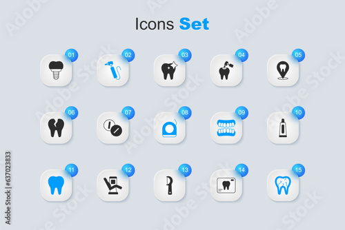 Set X-ray of tooth, Toothache painkiller tablet, drill, Broken, Tube toothpaste, Dental implant and floss icon. Vector