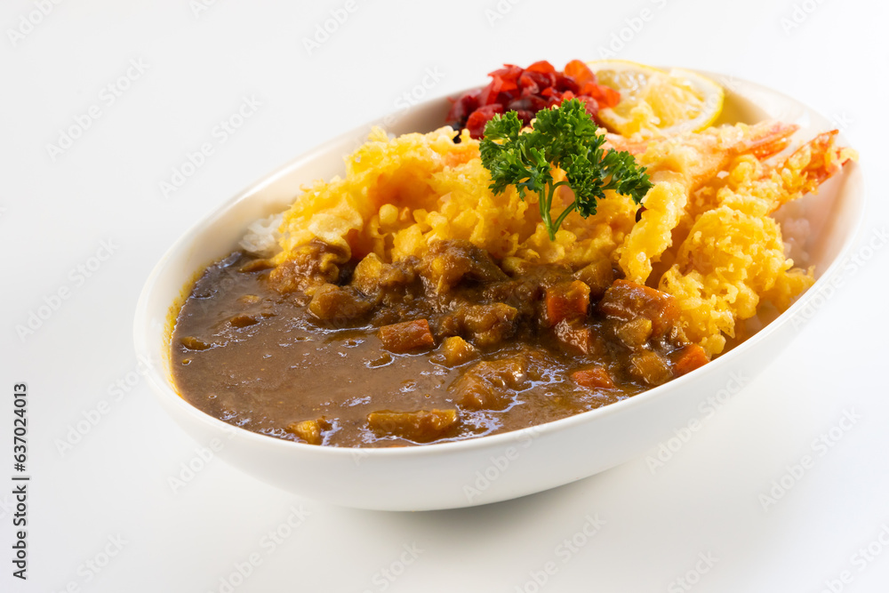 spicy curry Fried Chicken food in plate with rice. Japanese food on restaurant table spicy curry Fried Chicken food in plate with rice. Japanese food on restaurant table