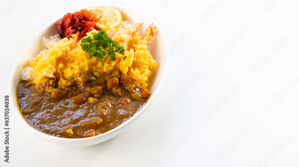 spicy curry Fried Chicken food in plate with rice. Japanese food on restaurant table spicy curry Fried Chicken food in plate with rice. Japanese food on restaurant table