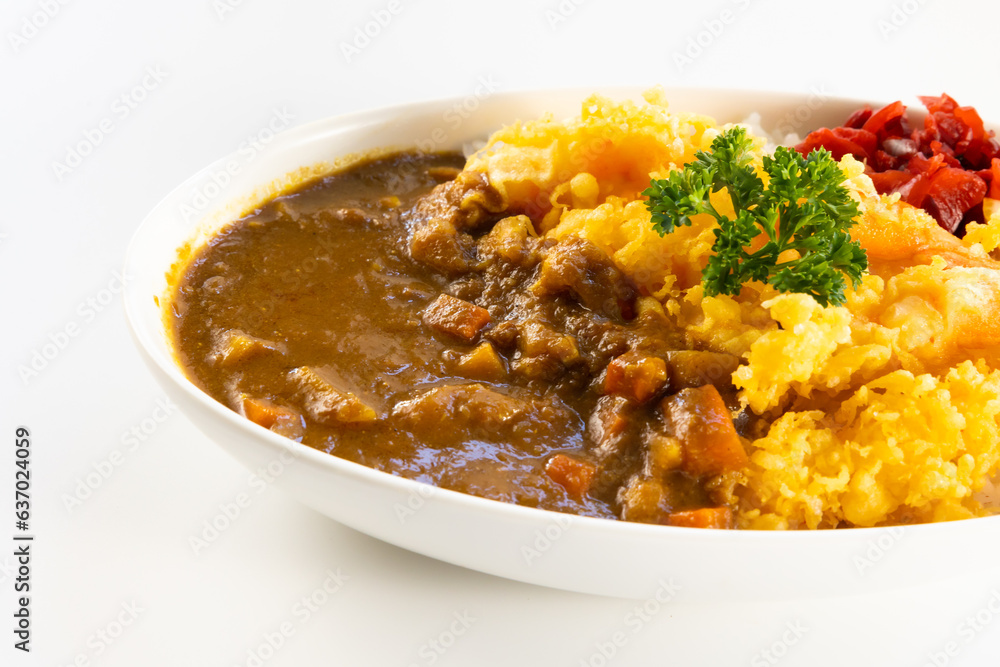 spicy curry Fried Chicken food in plate with rice. Japanese food on restaurant table spicy curry Fried Chicken food in plate with rice. Japanese food on restaurant table