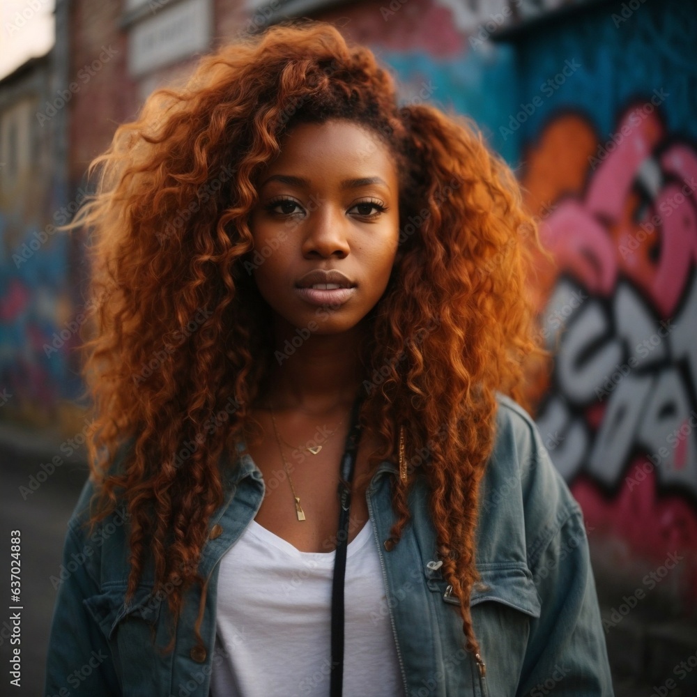 A woman with vibrant red curly hair posing in front of a colorful graffiti-covered wall A woman with vibrant red curly hair posing in front of a colorful graffiti-covered wall