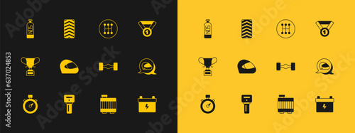Set Medal, Car key with remote, Chassis car, radiator cooling system, Racing helmet, Gear shifter, Nitrous oxide and tire wheel icon. Vector