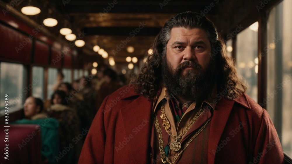 Obraz premium A man with long hair and a beard sitting on a train