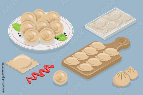 3D Isometric Flat Vector Set of Meat Gourmet Food, Dumplings or Pierogi or Varenyky