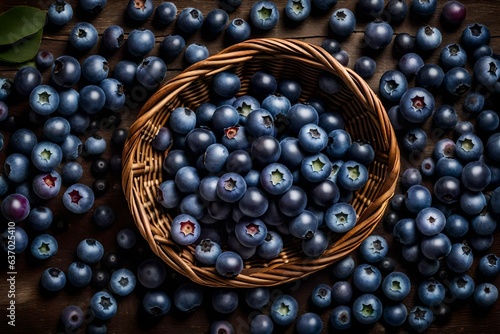 An overhead view of freshly harvested blueberries arranged in a rustic, handwoven basket - AI Generative