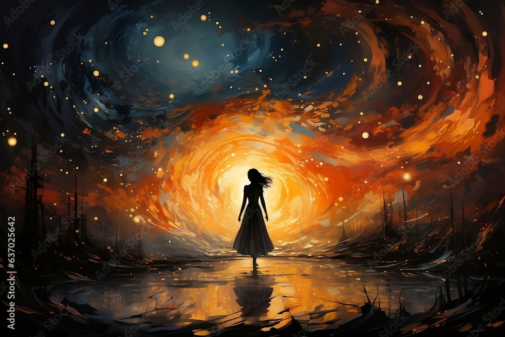 Alone girl with an enchanted night sky