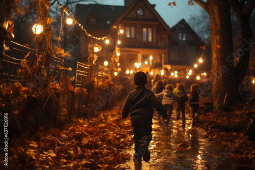 Children walking along a suburban street on Halloween evening to grab lots of sweets  avenue lit up with lights and pumpkins and lots of dry leaves. Seen from behind.