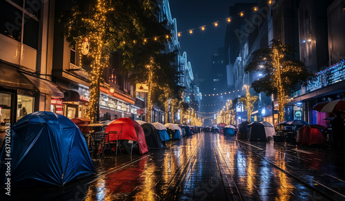 Urban Homelessness: Row of Tents on San Francisco Streets