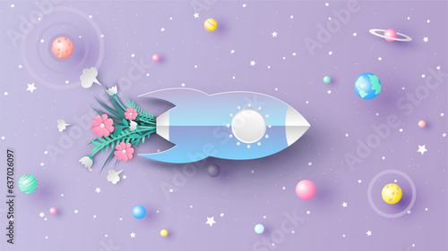 Spring spaceship is traveling into the cosmos. Spaceship with flowers. paper cut and craft style. vector, illustration.