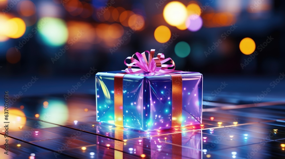 Fototapeta premium Christmas background with festive gift box. holiday gift box. Festive New Year template for postcard and banner design. greeting card generative ai
