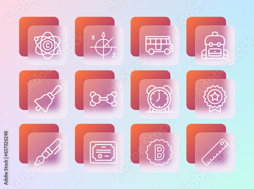 Set line School backpack, Certificate template, Alarm clock, Exam paper with incorrect answers, Molecule, Bus, Atom and Trigonometric circle icon. Vector