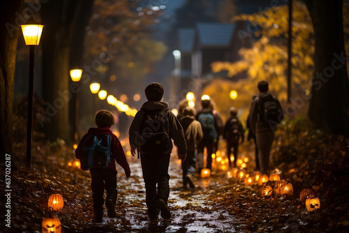 Children walking along a suburban street on Halloween evening to grab lots of sweets, avenue lit up with lights and pumpkins and lots of dry leaves. Seen from behind.