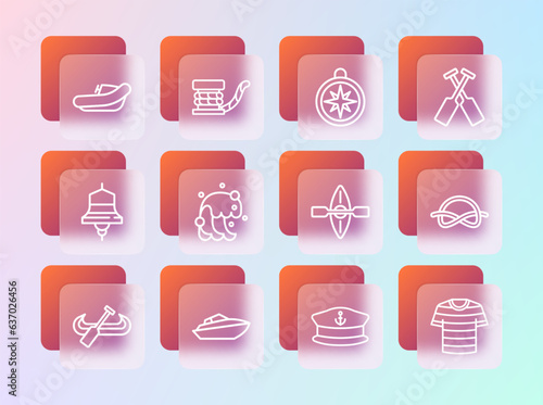 Set line Crossed oars or paddles boat, Speedboat, Kayak and, Captain hat, Tsunami, Compass, Inflatable with motor and Marine bollard rope icon. Vector