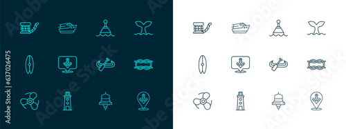 Set line Whale tail, Lighthouse, Kayak and paddle, Ship bell, Anchor, Floating buoy, Marine bollard with rope and Speedboat icon. Vector