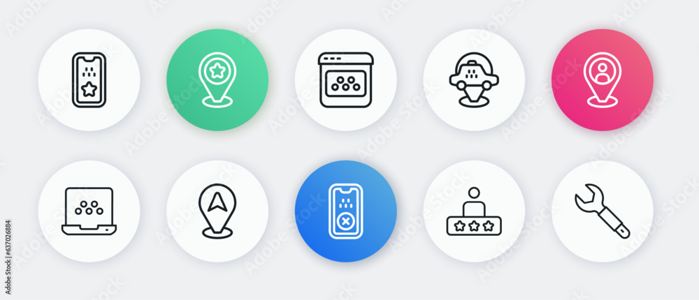 Set line Taxi mobile app, client, service rating, Location taxi car, Wrench spanner and icon. Vector Set line Taxi mobile app, client, service rating, Location taxi car, Wrench spanner and icon. Vector