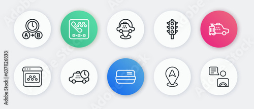 Set line Credit card, Taxi, mobile app, Location taxi, Traffic light, driver and waiting time icon. Vector