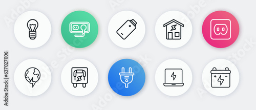Set line Electric plug, Electrical outlet, Global planet with thunderbolt, Laptop, Smart home, Battery charge, Car battery and panel icon. Vector