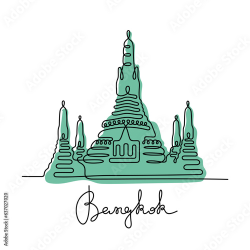 Wat Arun, Bangkok. Continuous line colourful vector illustration.