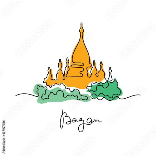 Bagan, Myanmar. Continuous line colourful vector illustration.