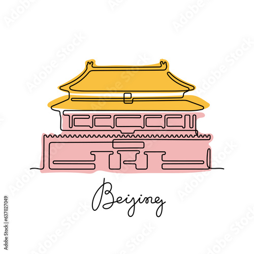 Forbidden City, Beijing. Continuous line colourful vector illustration.