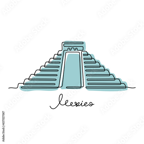 Chichen Itza continuous line colourful vector illustration