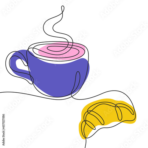 Coffee cup and croissant continuous line colourful vector illustration