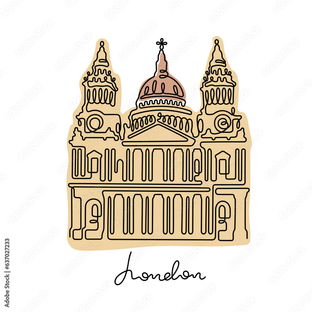 St. Paul's Cathedral, London. Continuous line colourful vector illustration.