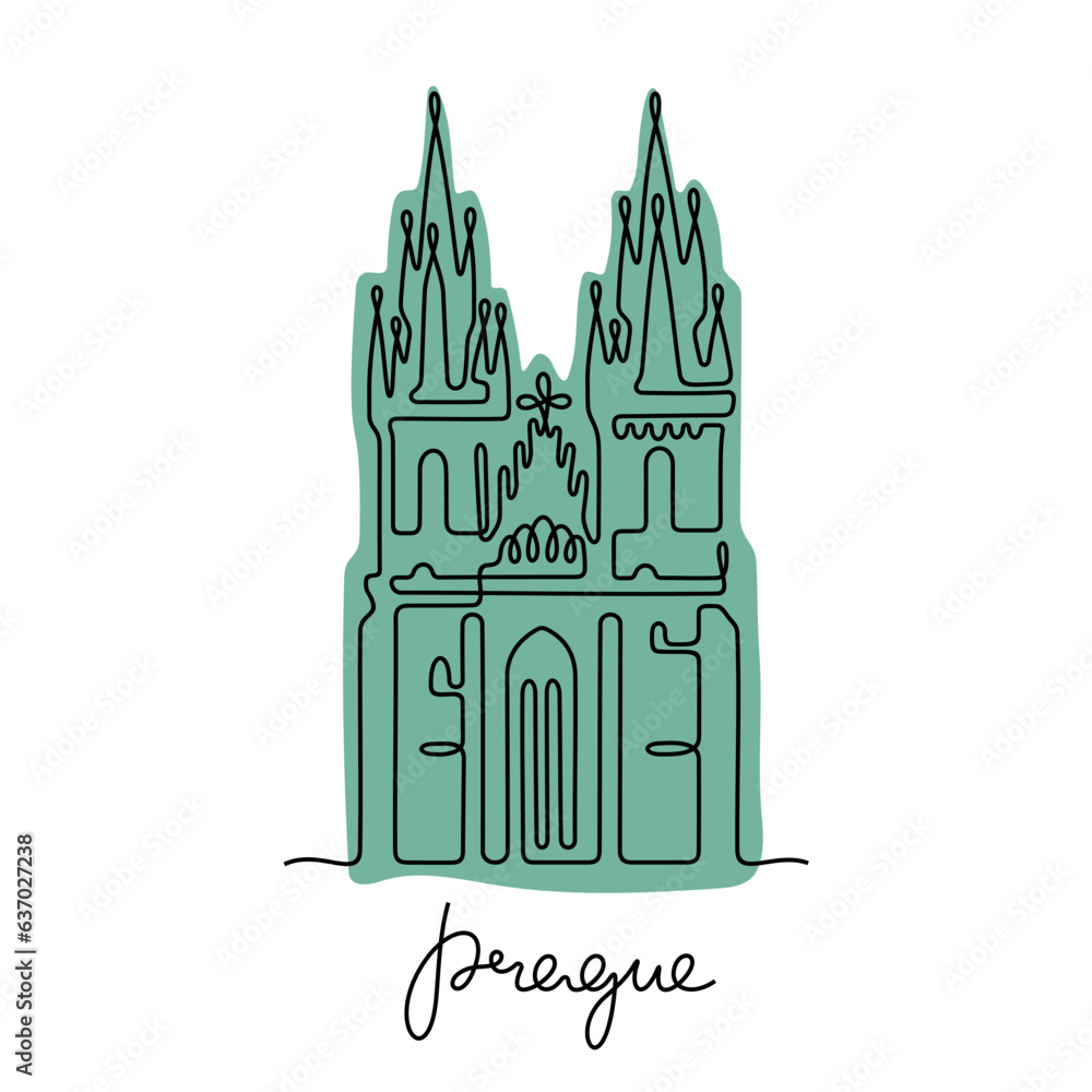 Church of Our Lady before Týn, Prague. Continuous line colourful vector illustration.