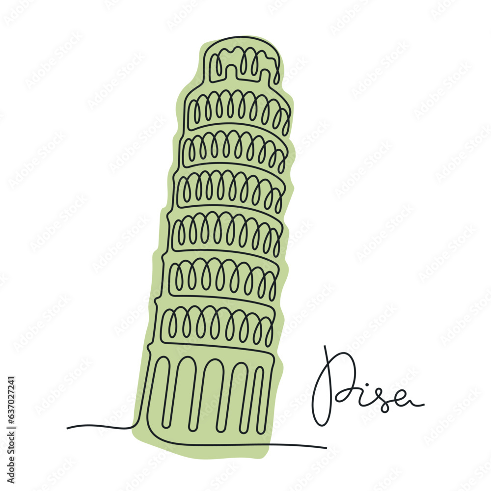 Leaning Tower of Pisa, Italy. Continuous line colourful vector illustration.