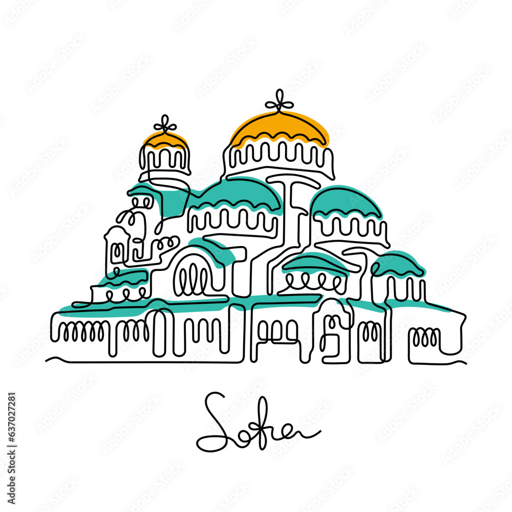 St. Alexander Nevsky Cathedral, Sofia. Continuous line colourful vector illustration.