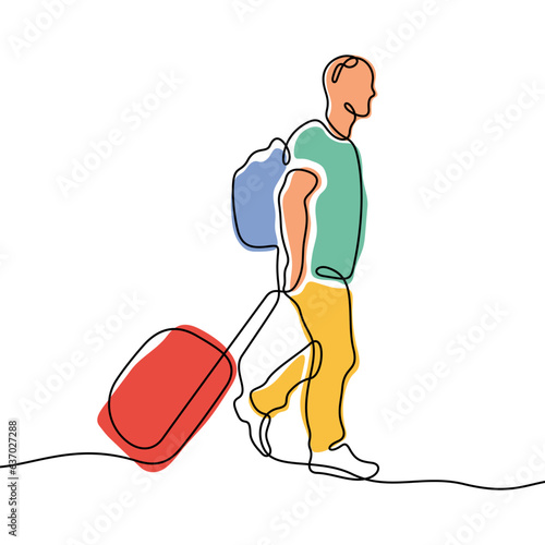 Man with suitcase and backpack continuous line colourful vector illustration.