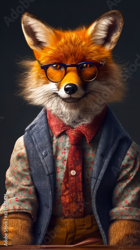 Portrait of a fox in transparent glasses and a blue vest, looking directly into the camera on a black isolated background. Fashionable fox in a tie and a jacket. Generative AI.