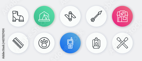 Set line Walkie talkie, Hunting shop, cartridge belt, Camping lantern, Medieval arrow, Swiss army knife, Burning match with fire and Paw search icon. Vector