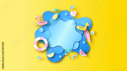 Sea water splash decorated with beach equipment. Summer vacation. Summer time. paper cut and craft style. vector, illustration.