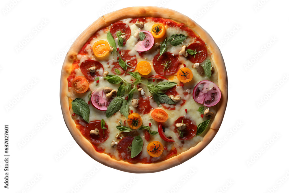 Pizza with mozzarella cheese, basil and tomatoes isolated on transparent background Pizza with mozzarella cheese, basil and tomatoes isolated on transparent background