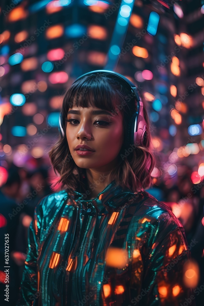 A woman wearing headphones standing in front of a crowd