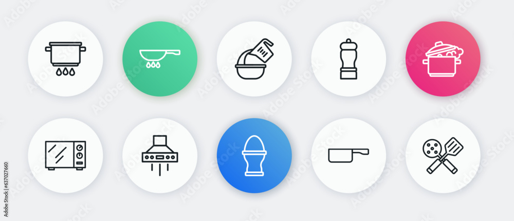 Set line Chicken egg on a stand, Cooking pot, Microwave oven, Frying pan, Pepper, Measuring cup bowl, Spatula and Kitchen extractor fan icon. Vector Set line Chicken egg on a stand, Cooking pot, Microwave oven, Frying pan, Pepper, Measuring cup bowl, Spatula and Kitchen extractor fan icon. Vector