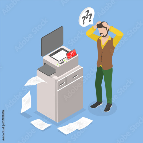 3D Isometric Flat Vector Conceptual Illustration of Broken Printer, Out of Order Office Equipment
