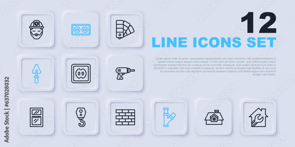 Set line House, with wrench spanner, Electrical outlet, Industry metallic pipe, Trowel, Crane hook, and Bricks icon. Vector