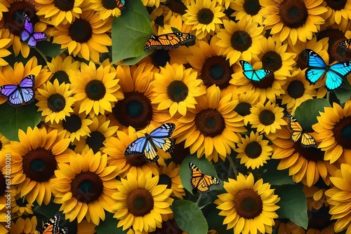 background auttum colors, sunflower field, yellows butterflies, muted colors - AI Generative photo