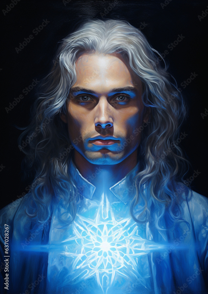 Pleiadian male person portrait with long hair facing straight on Pleiadian male person portrait with long hair facing straight on