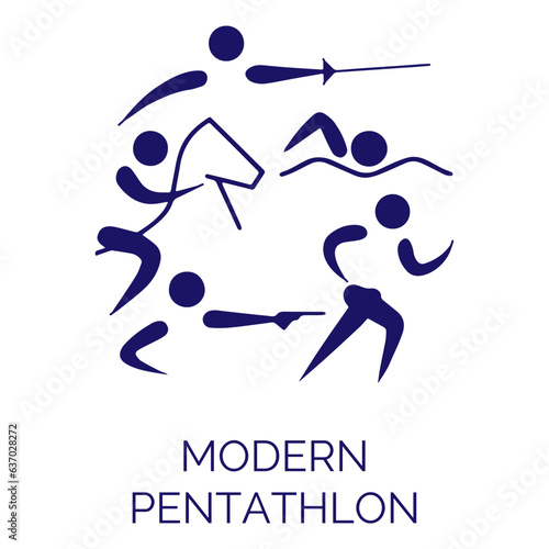 Summer sport icon. Vector isolated pictogram on white background with the names of sports disciplines. Olympic games. Olympic sport. Modern pentathlon. Fencing, running, shooting, riding, swimming.