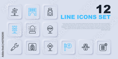 Set line Route location, Online ticket booking, Flasher siren, Cafe and restaurant, Railroad crossing, Train railway tunnel, Bridge for train and icon. Vector