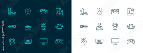 Set line Case of computer, Computer monitor, Power button, Joystick for arcade machine, Game controller joystick, console with and mouse icon. Vector